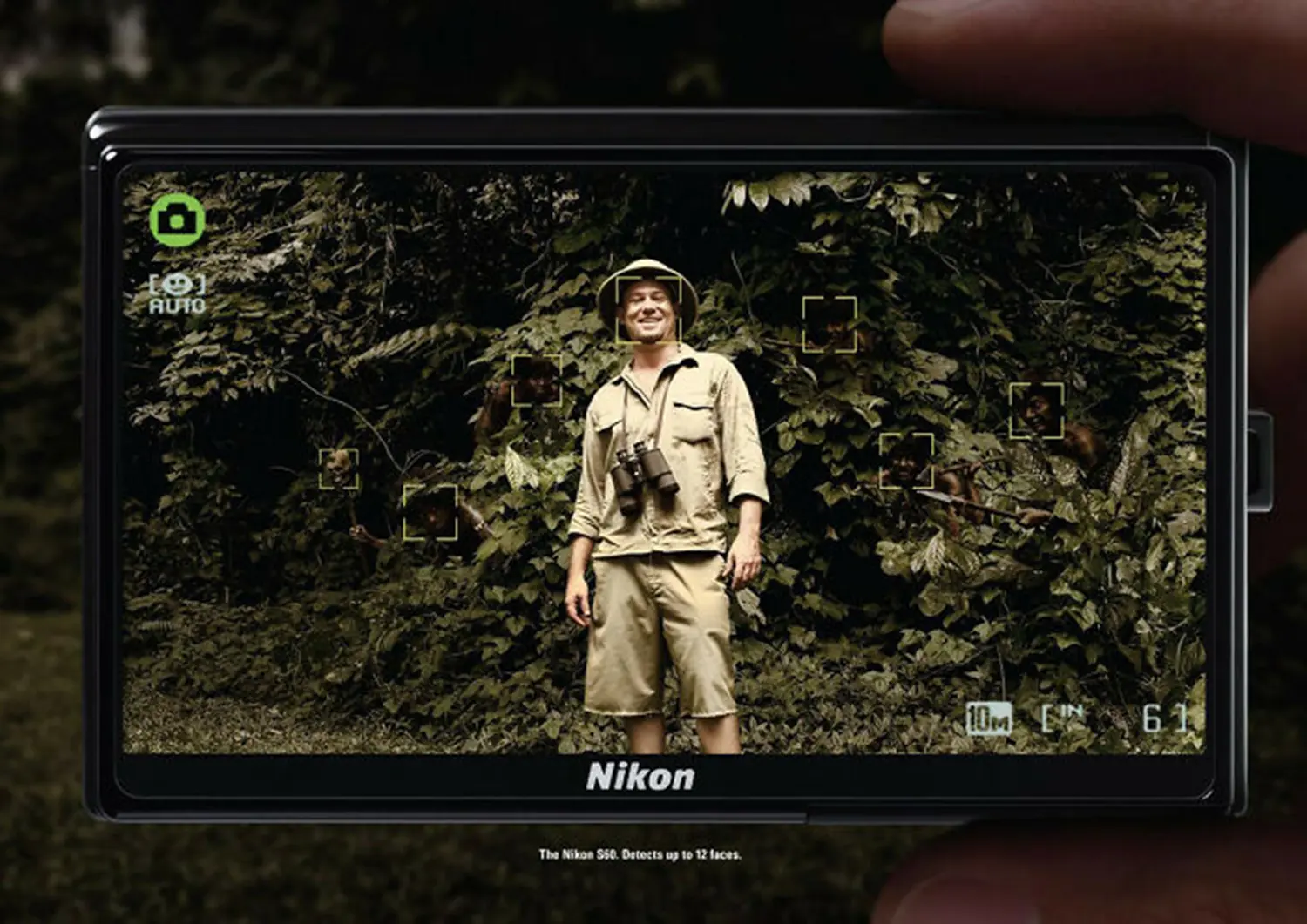 Ingenious Marketing Ads - Nikon ad showcasing face detection feature with hidden animals in the jungle