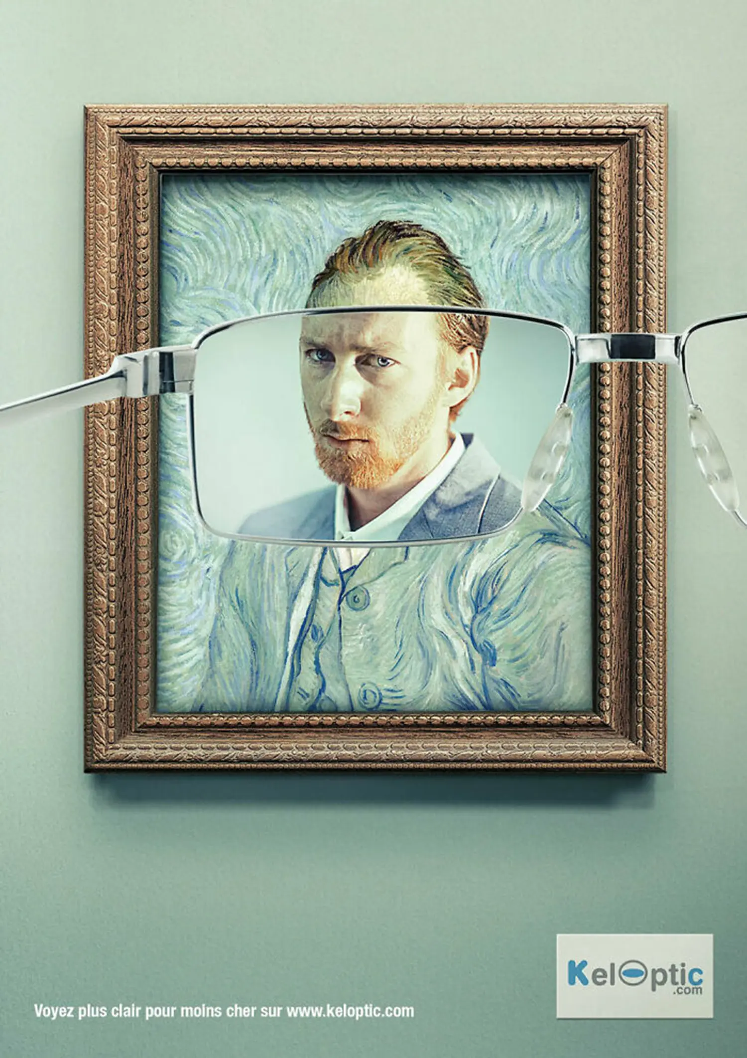 Keloptic ad showing a blurry Van Gogh painting becoming clear through glasses