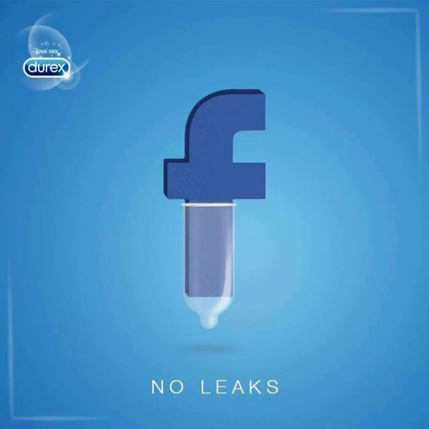 Durex ad with Facebook logo styled as a condom emphasizing no leaks