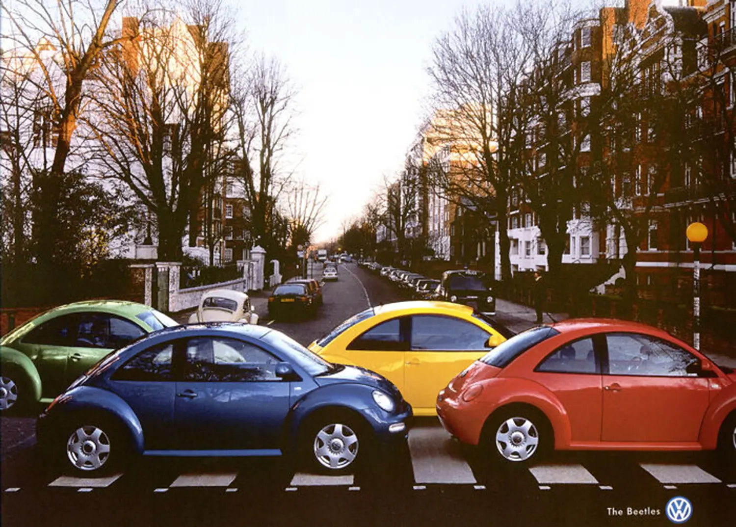 Volkswagen Beetle ad featuring cars styled after the Beatles' Abbey Road album cover