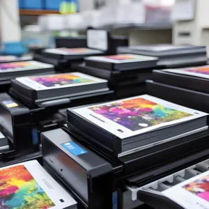 Close-up of colorful print marketing materials arranged on a print production line.