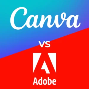 Comparison image showing Canva vs Adobe, representing the strengths of Canva's easy-to-use templates versus Adobe's advanced customization tools.